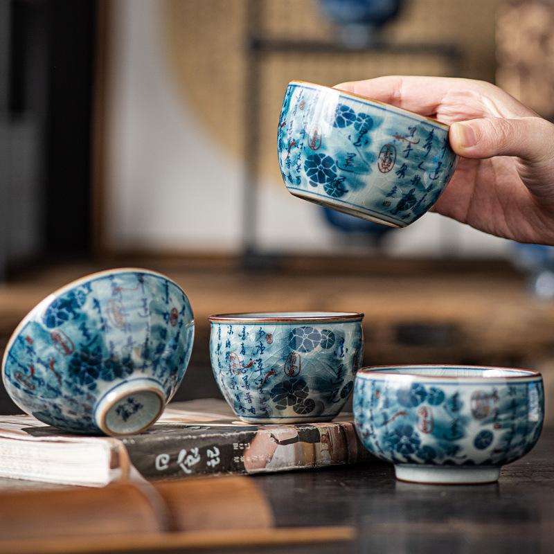 Blue and White Antique Old Clay Kungfu Tea Master Cup Ceramic Fengshui Cylinder Cup Chinese Style Retro High-end Tea Set Gifts