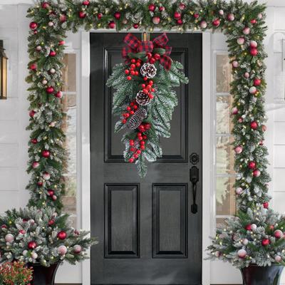 Christmas Swag Artificial Teardrop Swag Wreath with Pine Cones Red Berries And Bow Winter Door Hanging Swag for Front Door Stair Decor