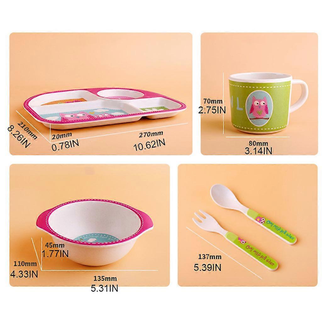 5 Piece Toddler Kids Bamboo Dinnerware Set Cartoon Animal Food Plate Feeding Dishes Bowl Spoon Fork Cup Tableware Baby Shower Gifts Multicolor