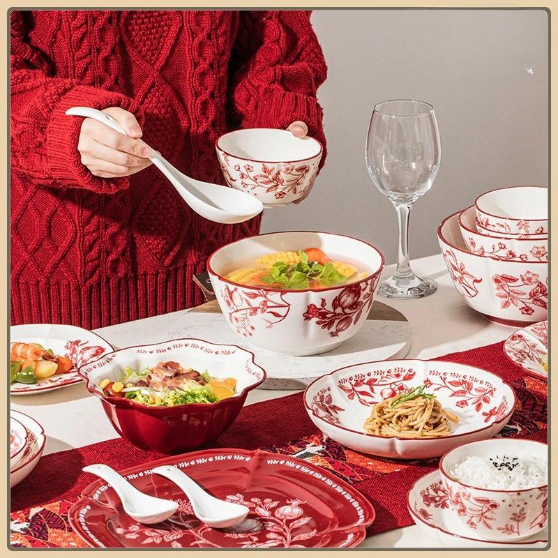 Ceramic Tableware Pomegranate Flower Pattern Housewarming Bowls Plate Steak Plate Dinnerware Microwave Feativel Gift
