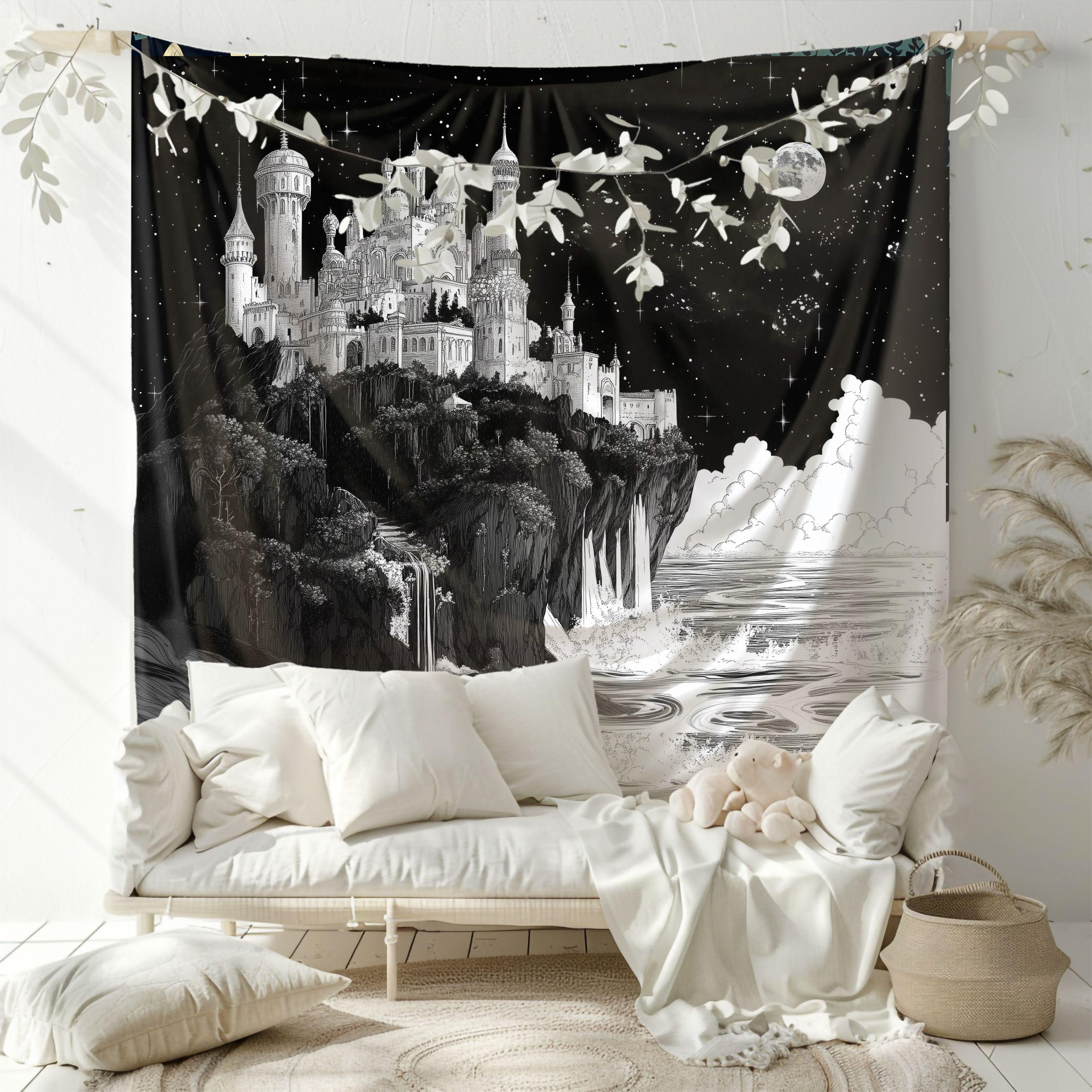 Black and White Moon Castle Tapestry, Dark Fairy Tale Style Background, Gothic Style Decoration, Room Decoration 100X70CM