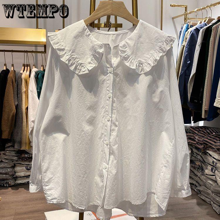 Korean Version Loose Doll Collar Ruffle Edge Shirt Spring and Autumn New Retro Long Sleeved Shirt