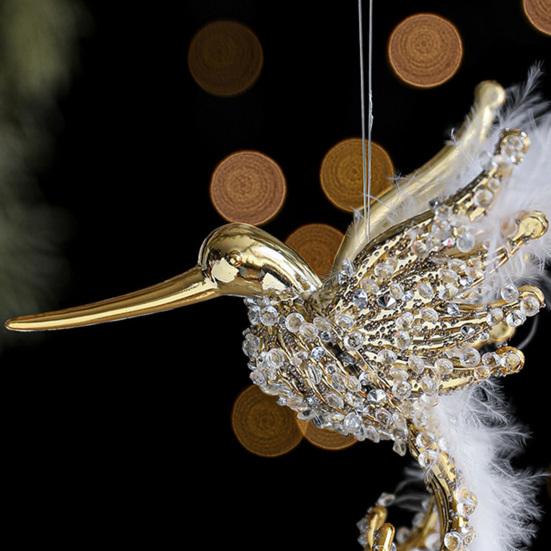 Glitter Rhinestone Hummingbird Ornament White Feather Flying Hummingbird Christmas Tree Hanging Ornament for Home Holiday Party Decor