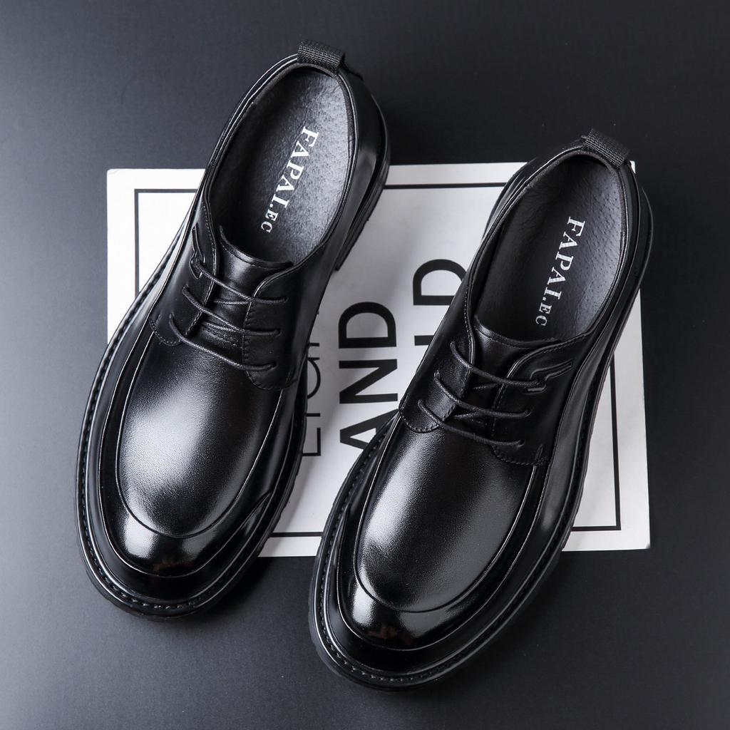 First Layer Cowhide Men's Leather Shoes Soft Sole Large Round Head Suit Leather Shoes Wear-resistant High-end Large Size Men's Lace-up Leather S