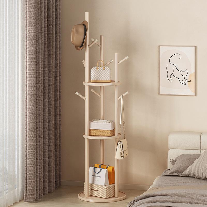 Solid Wood Rotating Floor Coat Rack - Vertical Clothes Hanger for Bedroom and Living Room