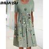 IHUASU 30 Color Pleated Midi Dress Short Sleeve Round Neck Loose Hem Mid-Calf Length Women Floral A-Line Party Dress Casual Wear