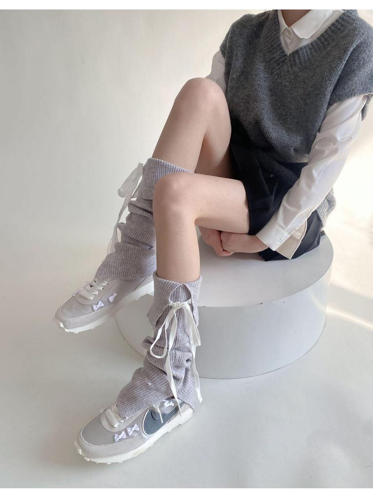 Korean Style Lace-Up Bow Knit Leg Warmers for Girls