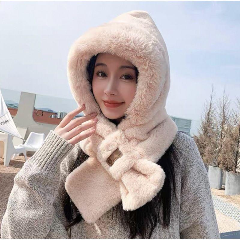 Bear hat plush scarf female winter cute winter scarf two-piece set hooded integrated ear hat warm tide
