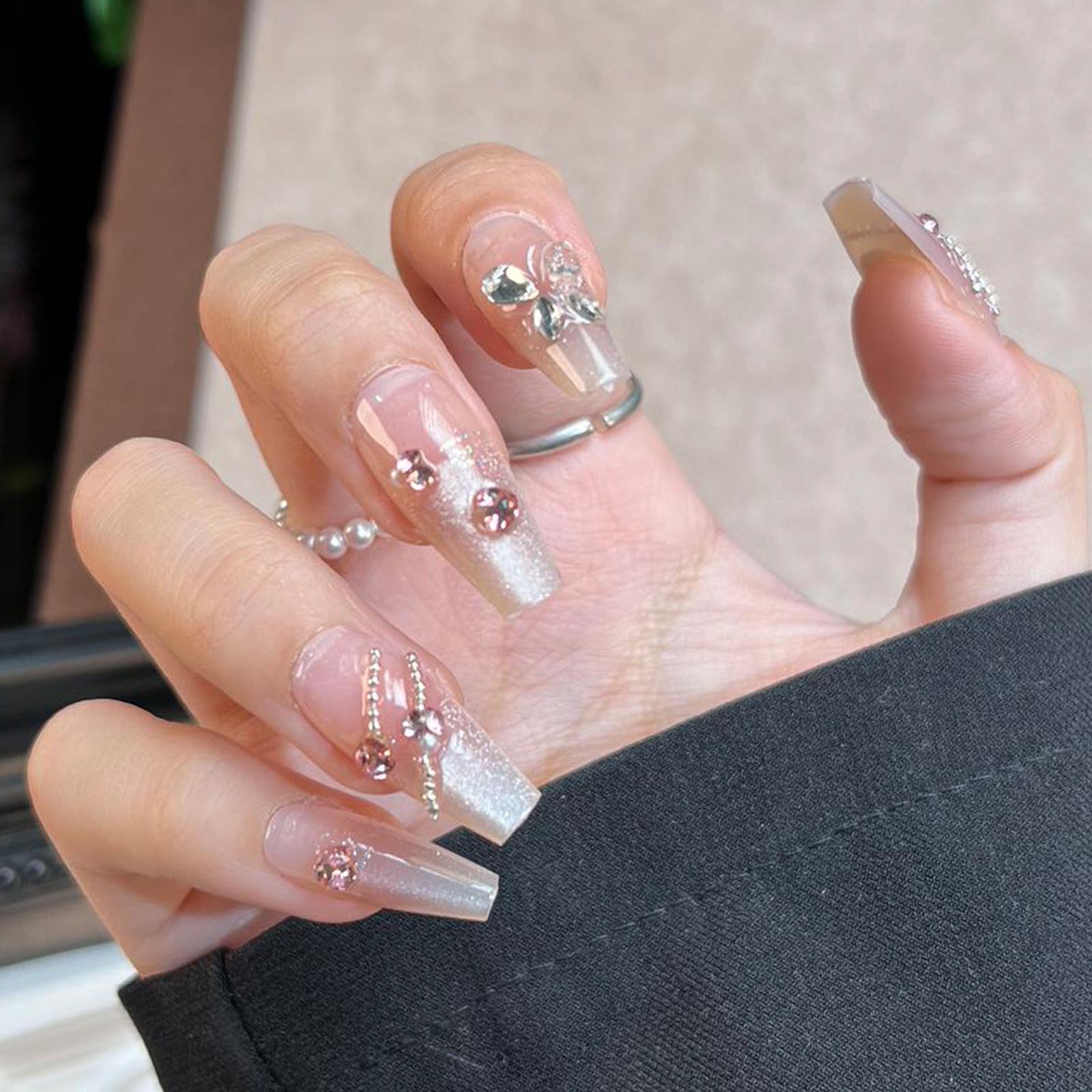 

Ногти «Кошачий глаз» с цепочкой из жемчуга-бабочки - Съемные наклейки для накладных ногтей ручной работы Handmade Nails XS Size 10pcs/Bag