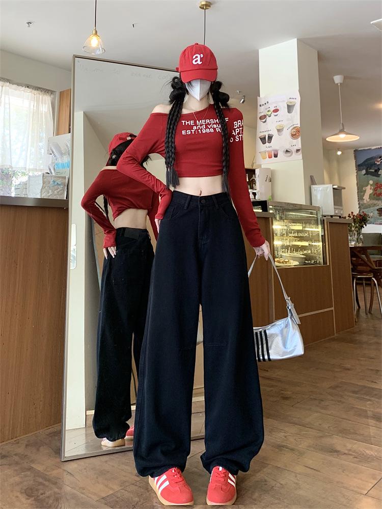 Plus Size High Waist Black Wide Leg Jeans for Women - Slimming, Washed, and Loose Fit for Autumn Winter