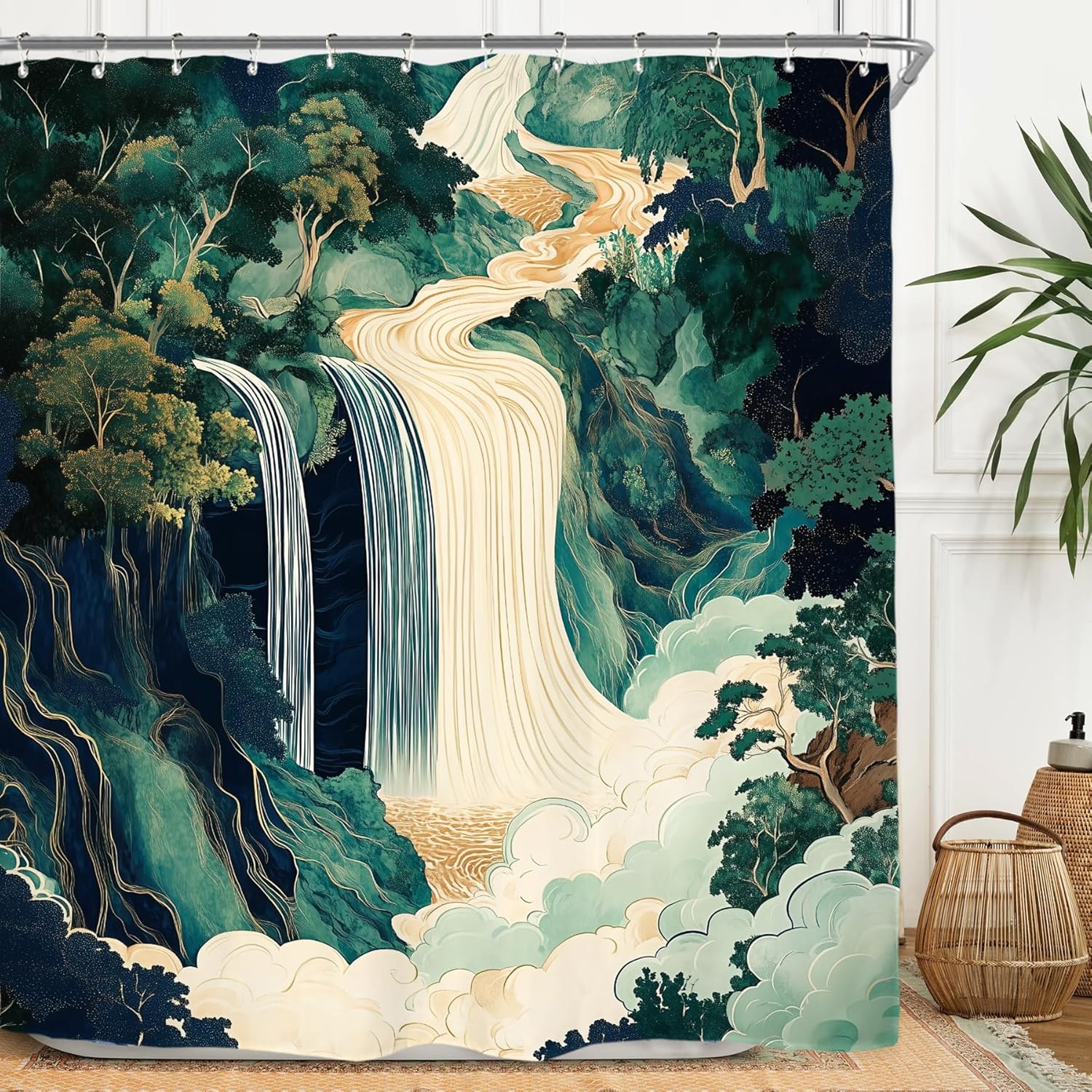 Abstract Waterfall Forest Shower Curtain Set Emerald Green Japanese Hokusai Aesthetic Landscape Forest Tree Polyester Waterproof 90x180CM