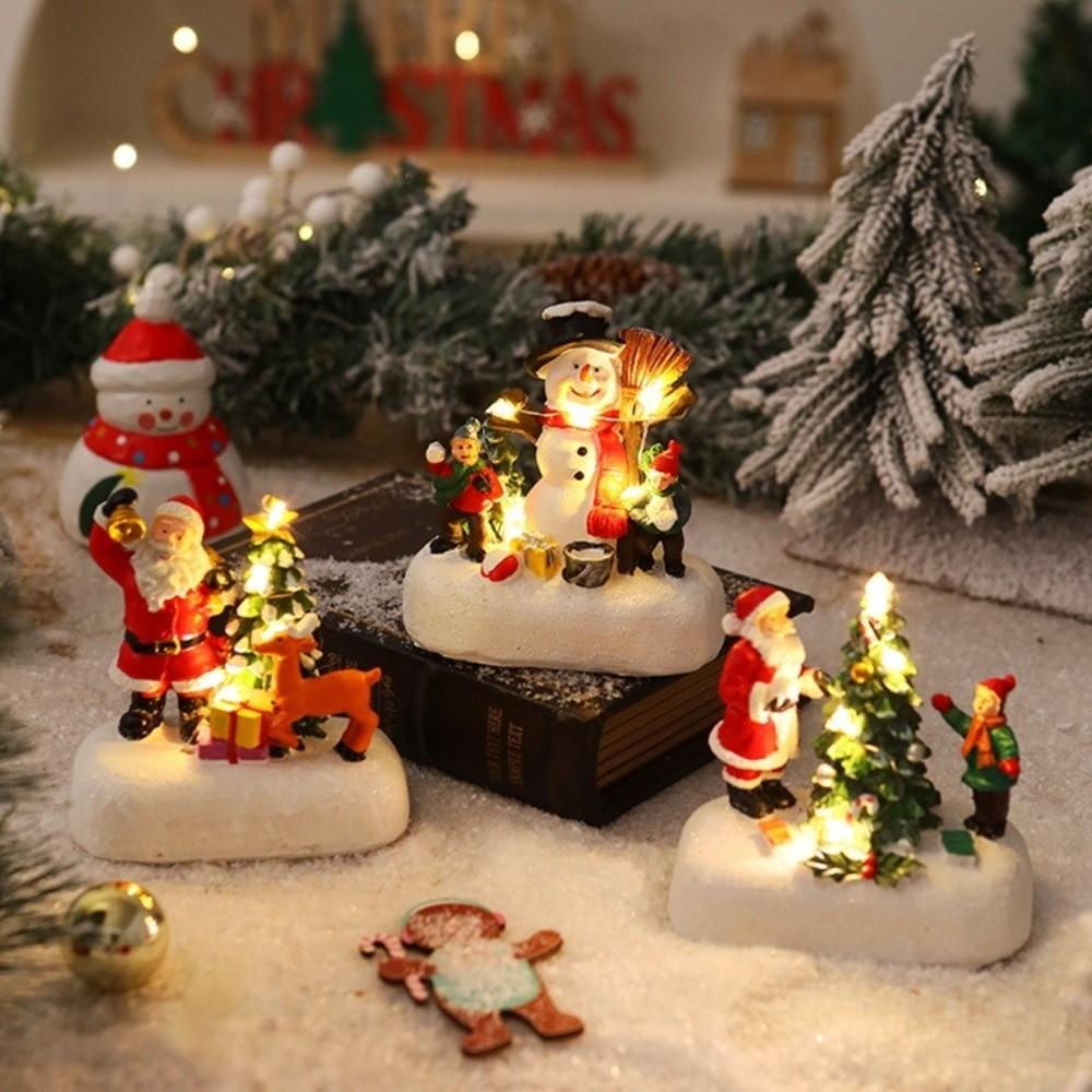 Resin Christmas Village Houses Mini LED Light New Year Micro Landscape Snow View Santa Claus Xmas Ornament Desktop Decor
