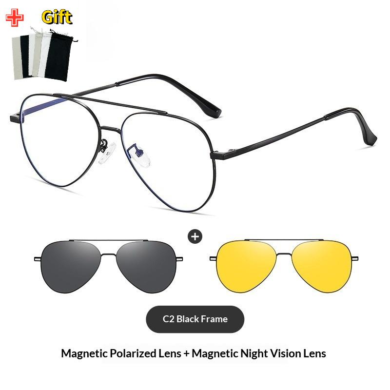 

Myopia Customizabled Aviation Magnetic Polarized Clip On Sunglasses Pilot Men Night Vision Eyeglasses Frame UV400 Women Sunshade Flat light 0