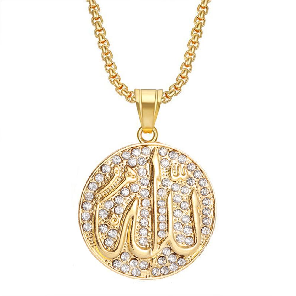 

Релігійний Iced Out Іслам Мусульманський Аллах Підвіска Чоловіча Золотистий Колір Нержавіюча Сталь Кругле Намисто для Чоловіків Ісламські Прикраси Подарунок 2025 68cm