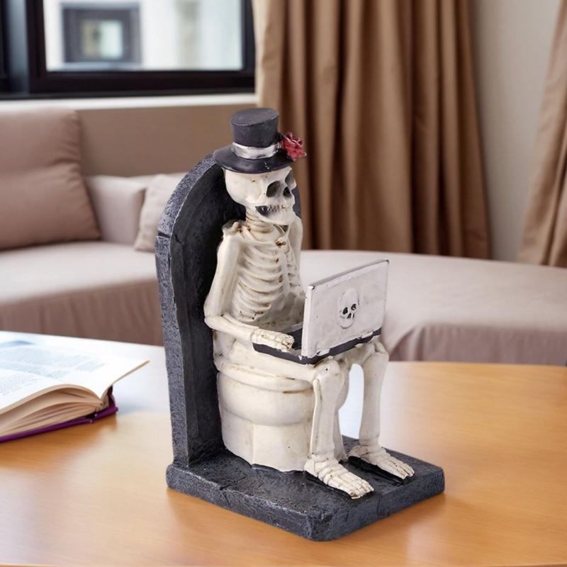 Halloween Skelett Figur Sitzt auf Toilette mit Laptop Horror Harz Skulptur Ornament Für Party Dekoration Sammlung