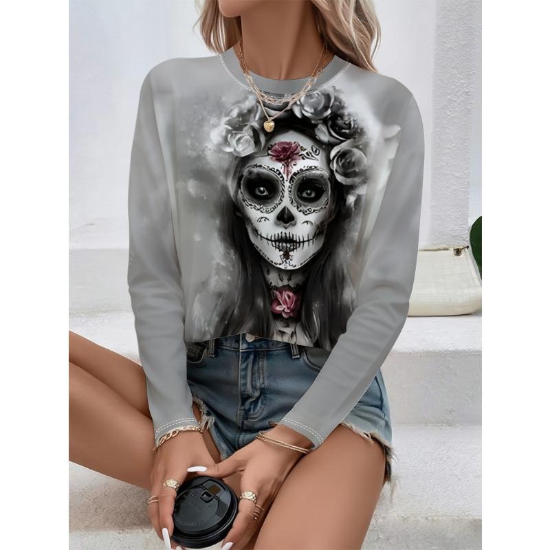 Round Neck 3D Skull Printed Top Casual Long Sleeved Women's T-shirts - Soft Medium Stretch Polyester Fabric Spring and Autumn Relaxed Fit Clothing