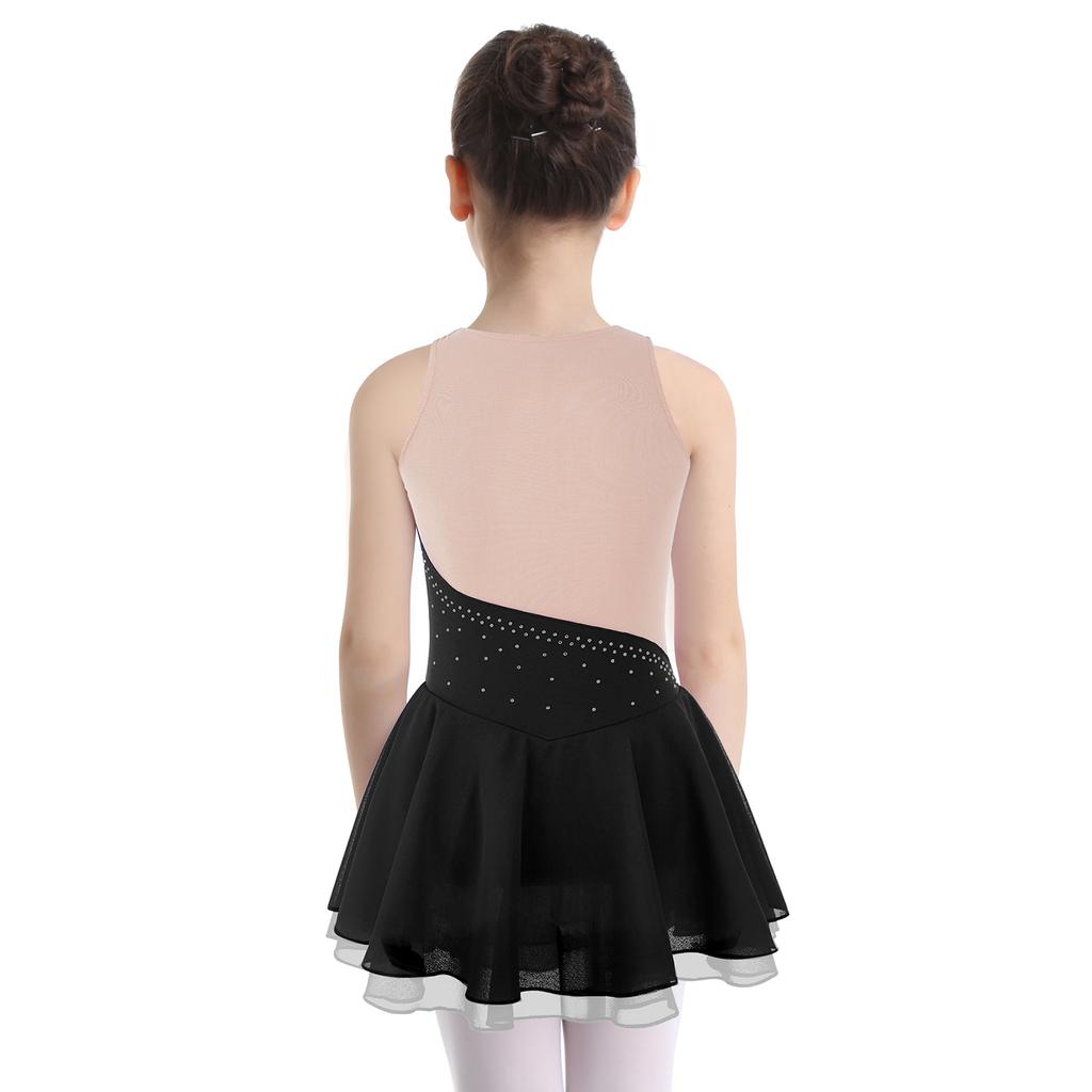 Girls Rhinestone Dance Dress Sleeveless Round Neckline Patchwork Style Skating Performance Costume Dress
