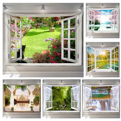Nachahmung Fenster Wald Landschaft Malerei Tapisserie Wandbehang Böhmischen Stil Psychedelic Mandala Schlafzimmer Wohnkultur