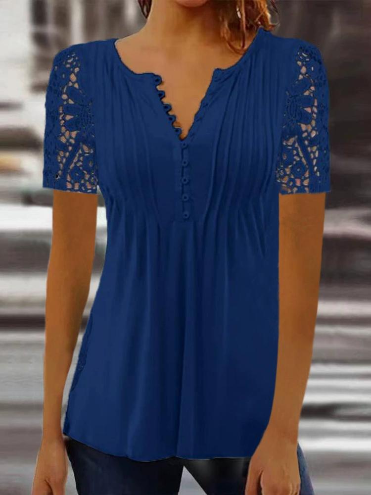Spring and Autumn Fashion New Women's Lace Lace Sleeve Crimson Solid Color Button T-shirt Bottom Shirt