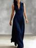 Elegant Black Sleeveless V-Neck Waist-Cinched Long Dress with Wide Hem - Perfect for Commuting and Evening Events.