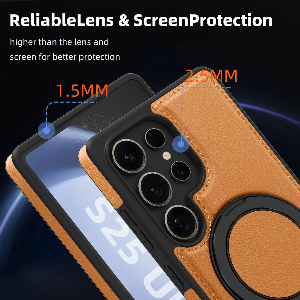 For Samsung Galaxy S25 Ultra Case with Ring Kickstand Magnetic Case PU Leather Back Cover
