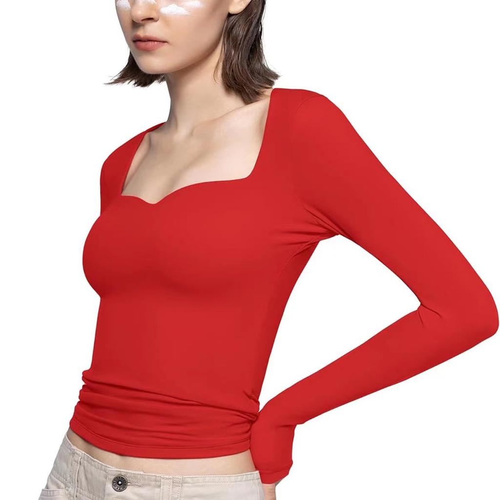 Modisches, einfarbiges, langärmliges T-Shirt-Oberteil für Damen mit quadratischem Ausschnitt
