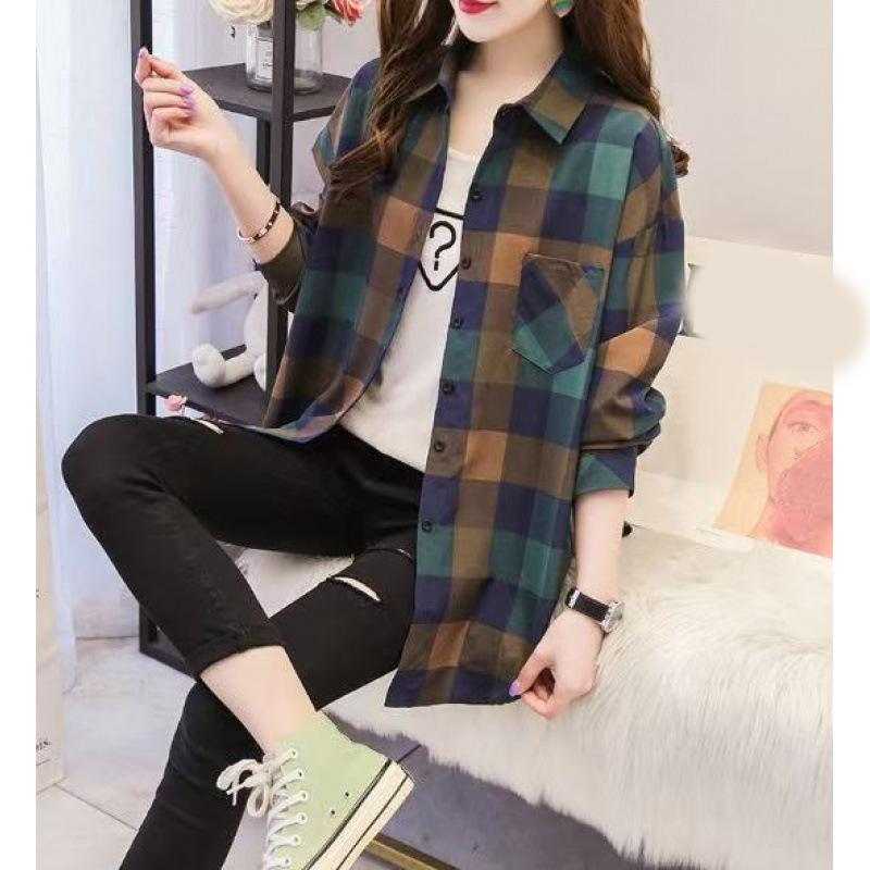 Spring and Autumn Lapel Button Plaid Shirt Women's Mid-length Sunscreen Jacket