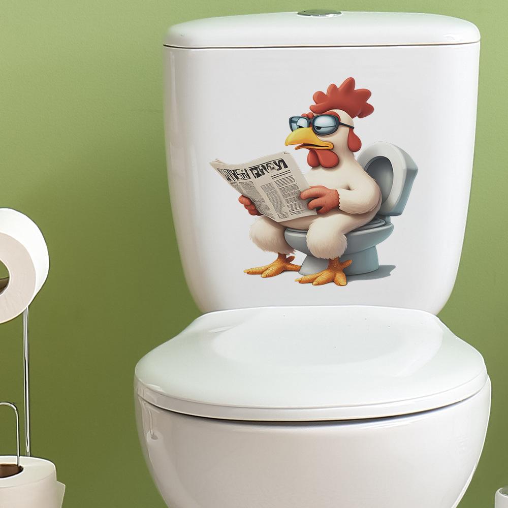 Cartoon Funny Reading Rooster Toilet Seat Sticker Bathroom Decor Humorous Removable Waterproof Decal