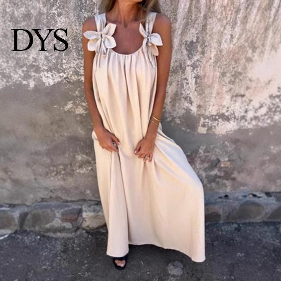 Three-dimensional Flower Design Dress Women 3D Rose Decor Shoulder Strap Sleeveless Pleated Slip Summer Long Loose Solid Color Backless Maxi for Beach