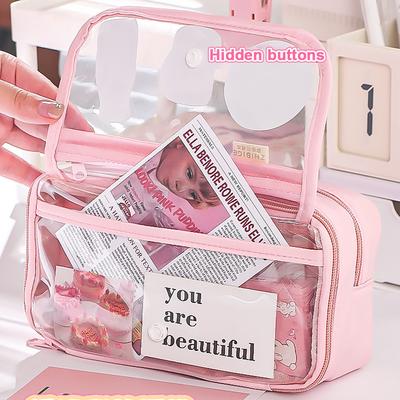 Kawaii Pencil Case Transparent Large Capacity Flip Cover Simple Box For StudnetsOffice Supplies Stationery
