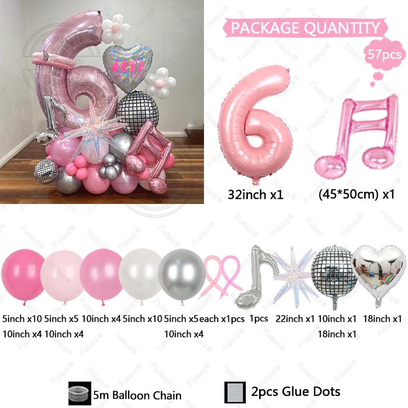 57pcs Slivery Heart Disco Balloon Silver Number Birthday Balloon Set Pink Music Note Children Adult Festive Party Decorations