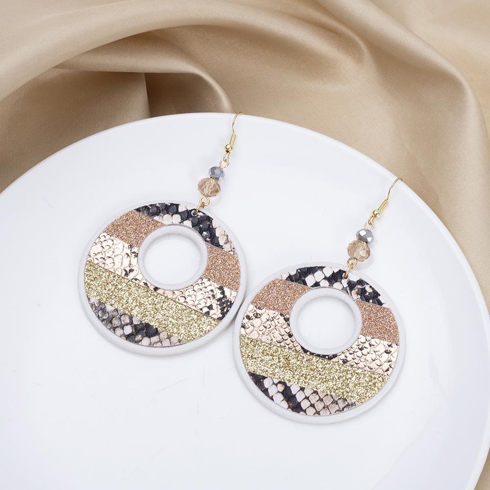 Women's Snakeskin Pattern Color Block Leather Earrings with Exaggerated Design and Round Hollow Water Drop Style