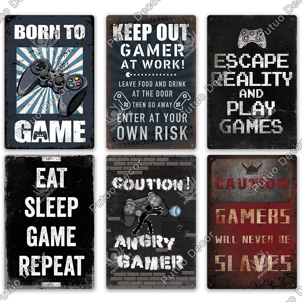 Decor Funny Gamer Metal Signs Vintage Tin Sign Gamer At Work Retro Signs for Home House Club Game Room Man Cave Wall Decor