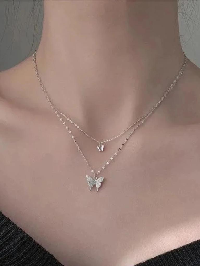 Double Layer Butterfly Necklace for Women, Lats Sparkling Collar Chain, Exquisite Jewelry, Banquet Party, Holiday Gift, 1
