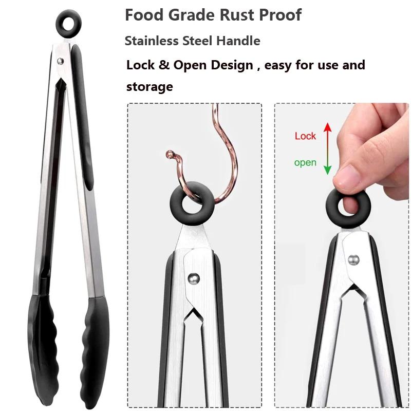 2Pcs Silicone Kitchen Tongs BBQ Clip Stainless Steel Handle Salad Bread Food Serving Tongs Non-Stick Barbecue Grilling Lock Tong