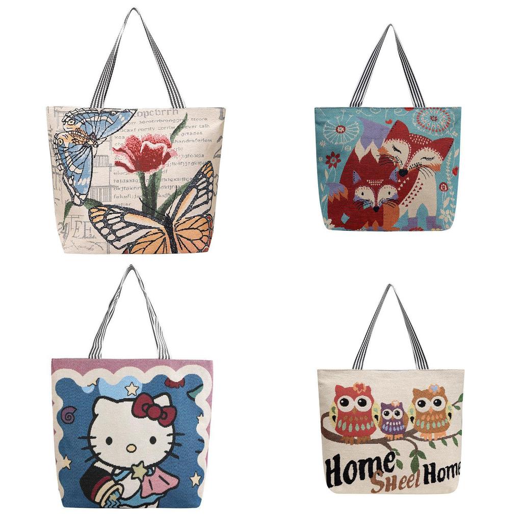 Canvas Butterfly Elephant Cat Tote Bag For Women With Sewn Details For Daily Use
