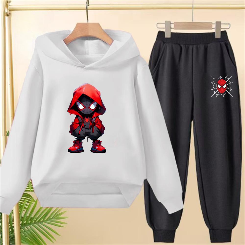 Çocuk Siyah Kapişonlu Örümcek Adam Baskılı Spor Kazak Mont Sweatshirt+Pantolon Erkek Kız Bebek Giysileri Eğlence Seti