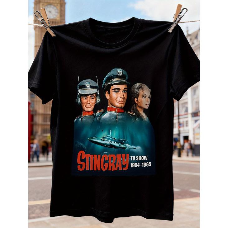 Men s Stingray 1960s Retro TV Show T-Shirt - Vintage Spy Thriller Puppet Series Tee with Stingray & Characters Print, Collectible Short Sleeve Round S чёрный