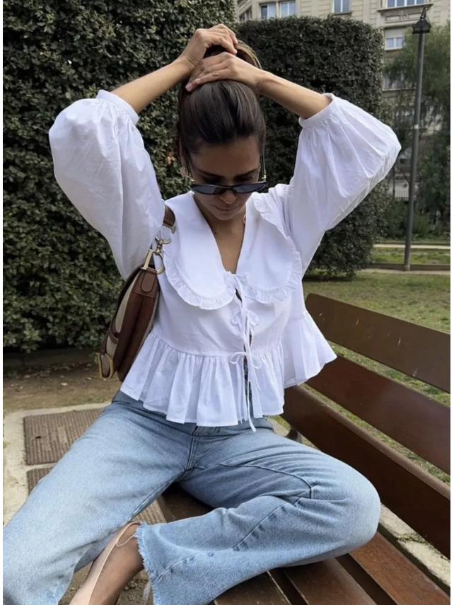 2026 Spring Fashion: Women's Long Sleeve Cotton Shirt with Doll Collar and Tie-up Design - European & American Style