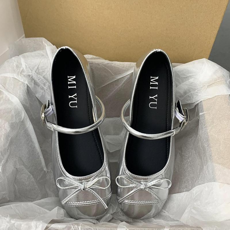 

Женские балетки с бантом Мэри Джейн с круглым носком, повседневные туфли в балетном стиле, элегантные туфли для платья из мягкой кожи 35 серебряный