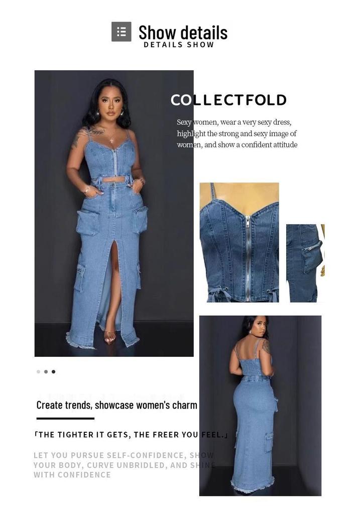 Trendy Sexy Denim Set: Zipper Spaghetti Strap Top & Split Long Skirt with Pockets