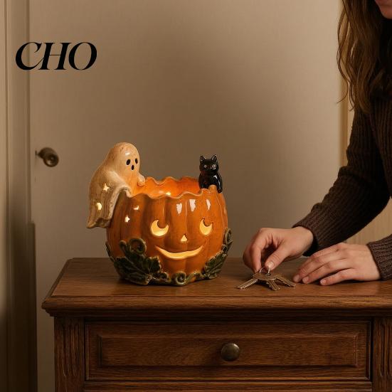Decorative Candle Stand Halloween Pumpkin Holder, Resin Ghost Black Cat Tea Light Desktop Soft Furnishing Stand, Retro Distressed Table Ornament