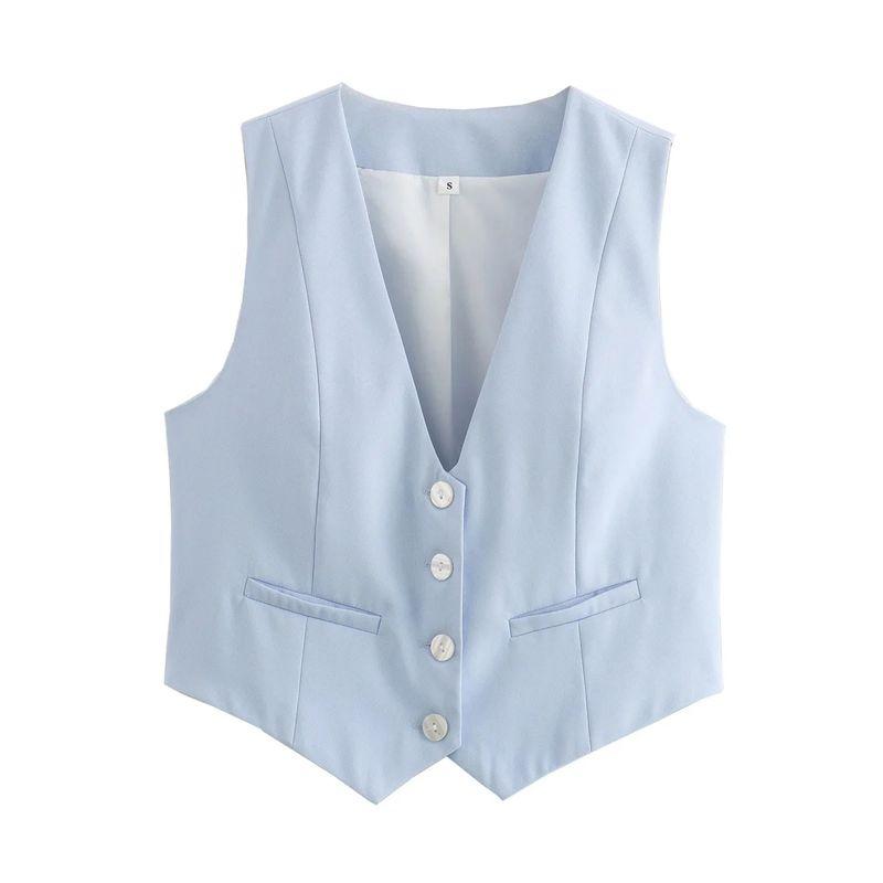 Spring and Summer New Women's Clothing Minimalist Style V Neck Sleeveless Decorated Row Button Short Candy Color Vest Jacket 2347888