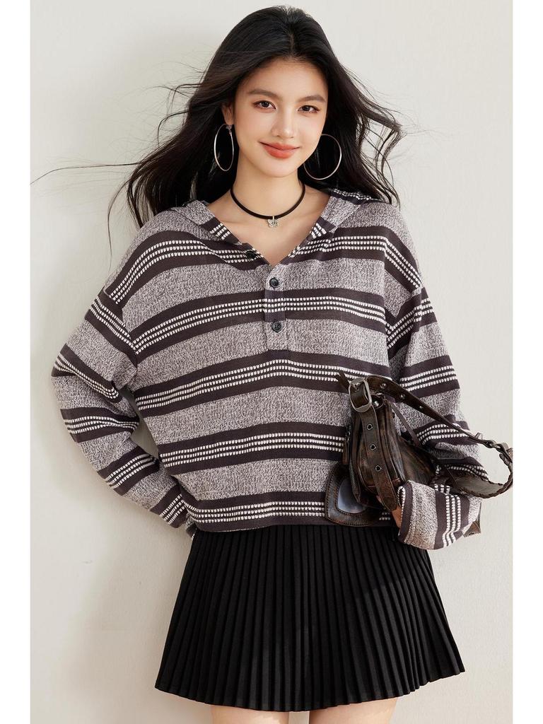 Women's 2025 Striped Hooded Loose Knitwear - Spring & Autumn Petite Top