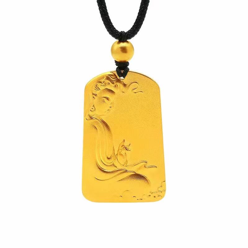 Vietnam Gold Auspicious Clouds Guanyin Tag Pendant Necklace - Yellow Brass, Gold-Plated, Unisex