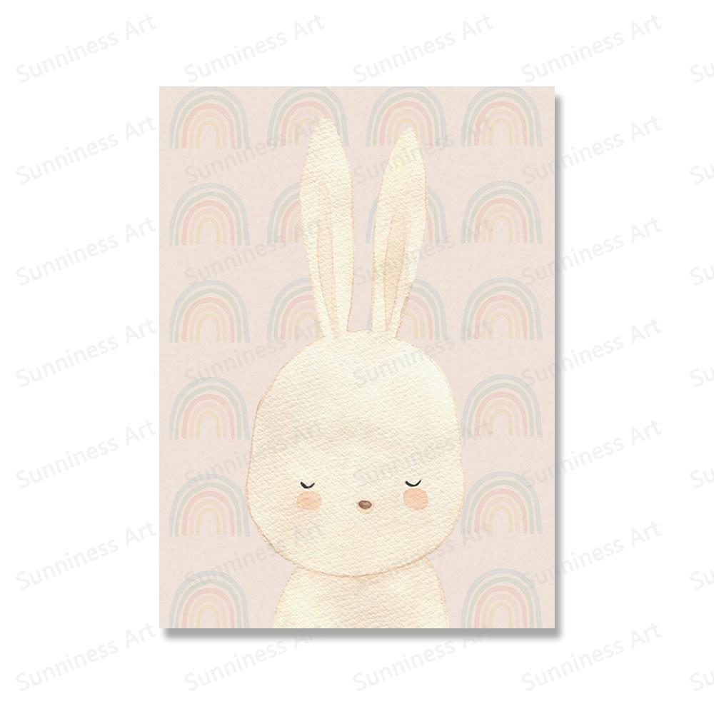 Boho Rainbow Bunny Wall Art Canvas Painting Nordic Poster Art Prints Cactus Rabbits Pictures for Girls Room Childrens Room Decor