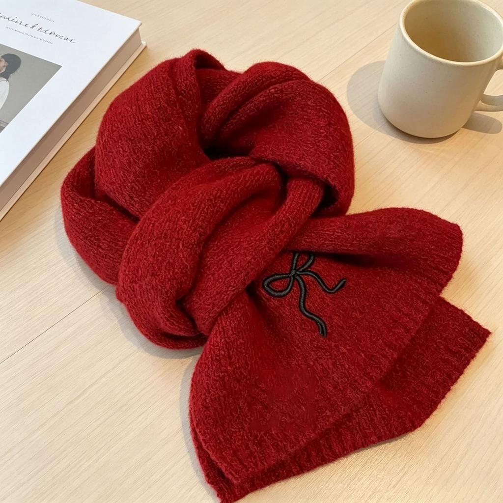Korean Embroidered Bow Knitted Scarf Women's Autumn and Winter Warm Versatile Solid Color Wool Scarf Student Couple