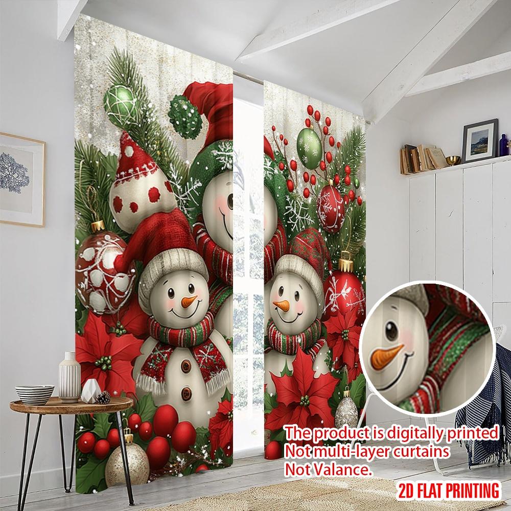 2pcs,2D Plane Printing Creative Curtains Cute Snowman Christmas Family (3) Durable Polyester (without Rod) Holiday for Bedroom,