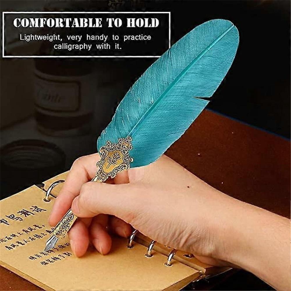 Vintage Feather Pen Set, European Classic Fountain Pen, Antique Peacock Feather Metal Nib Dip Pen