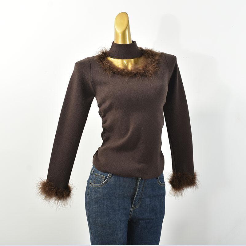 Halterneck Furry Patchwork Sweater Women's Autumn and Winter Inner Wear Fancy Elegant Silm Slimming Knitted Bottoming Shirt Tops
